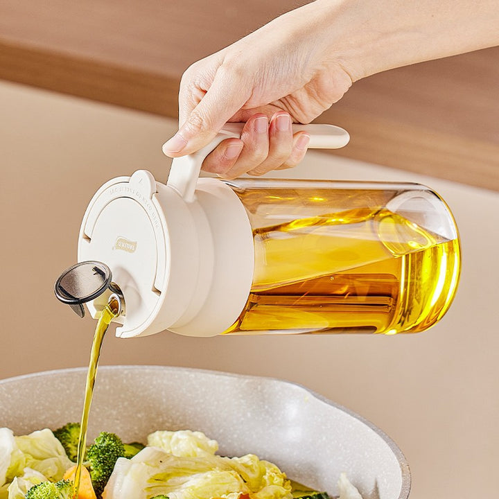Glass oil can with automatic closure