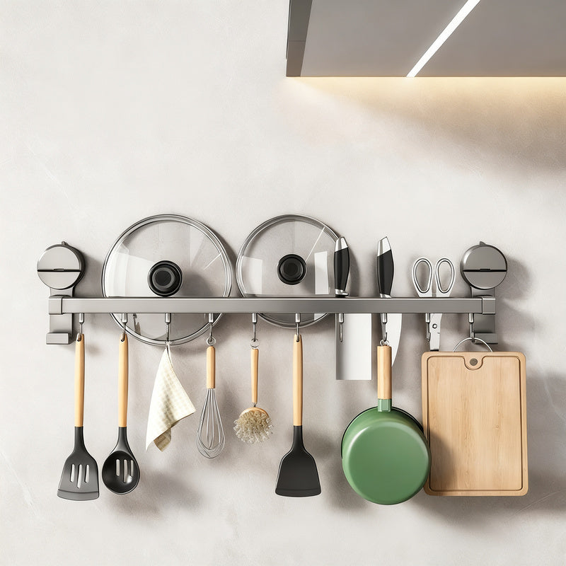 Kitchen hanging rod with hooks for utensils