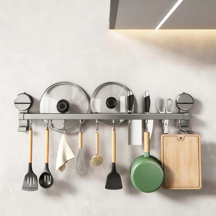 Kitchen hanging rod with hooks for utensils
