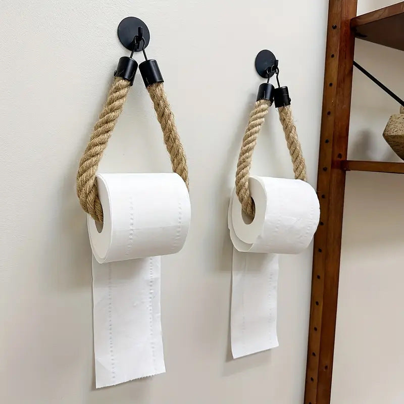 Toilet paper holder with rope and metal hook