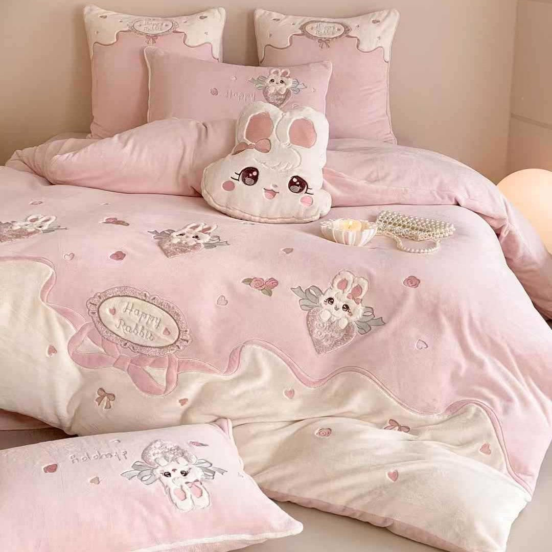 Bedding set 4-piece, milk fleece, cartoon pattern