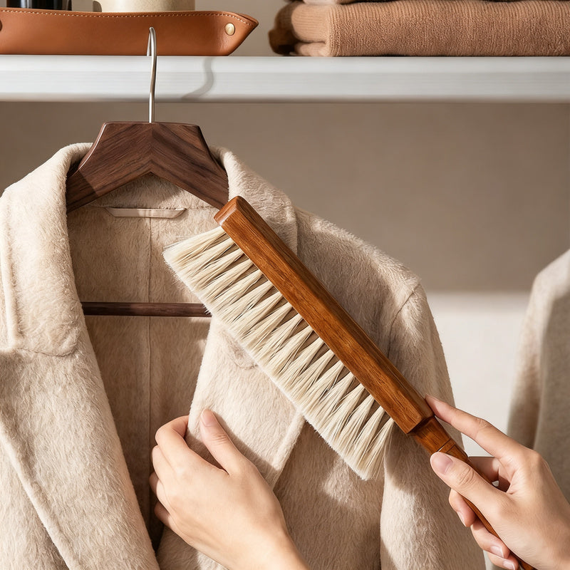 Bed brush with horsehair and long handle
