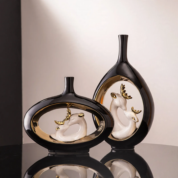 Ceramic flower vase with deer motif