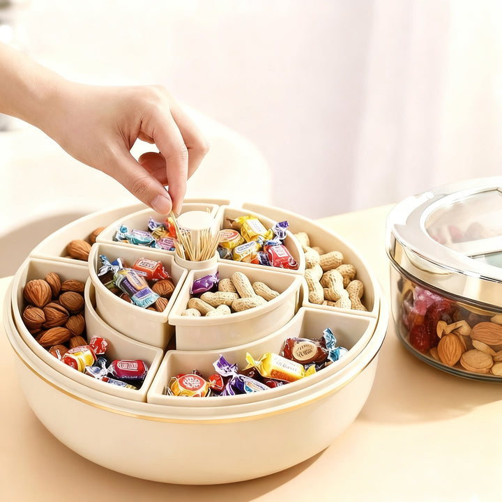 Rotatable nut shell with 8 compartments, sealable