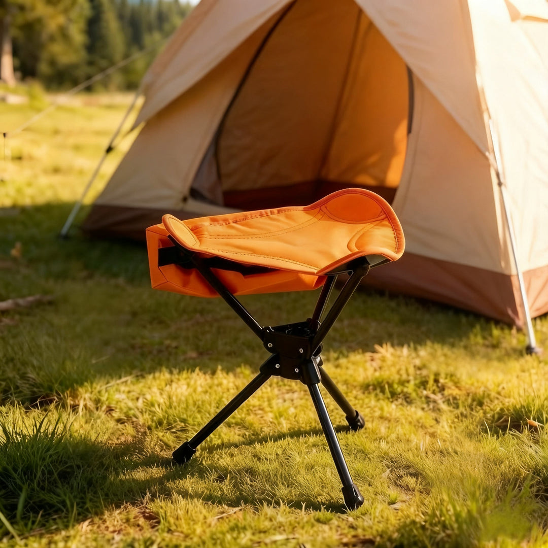 Foldable camping stool, triangular, steel frame