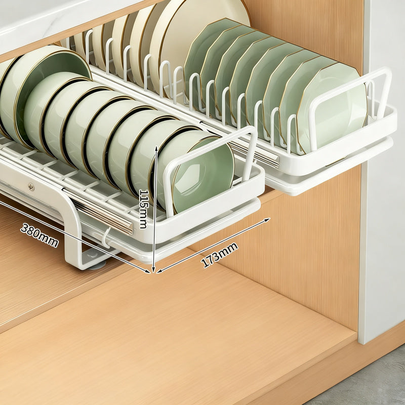 Extendable dish rack for kitchen cabinets