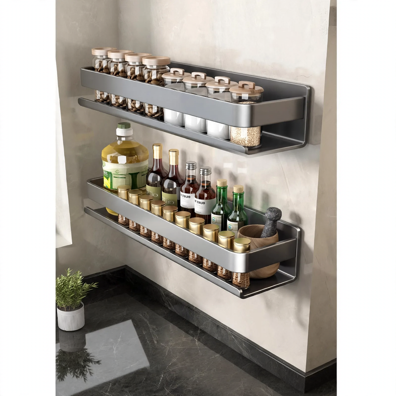 Wall-mounted kitchen shelf made of steel, no drilling