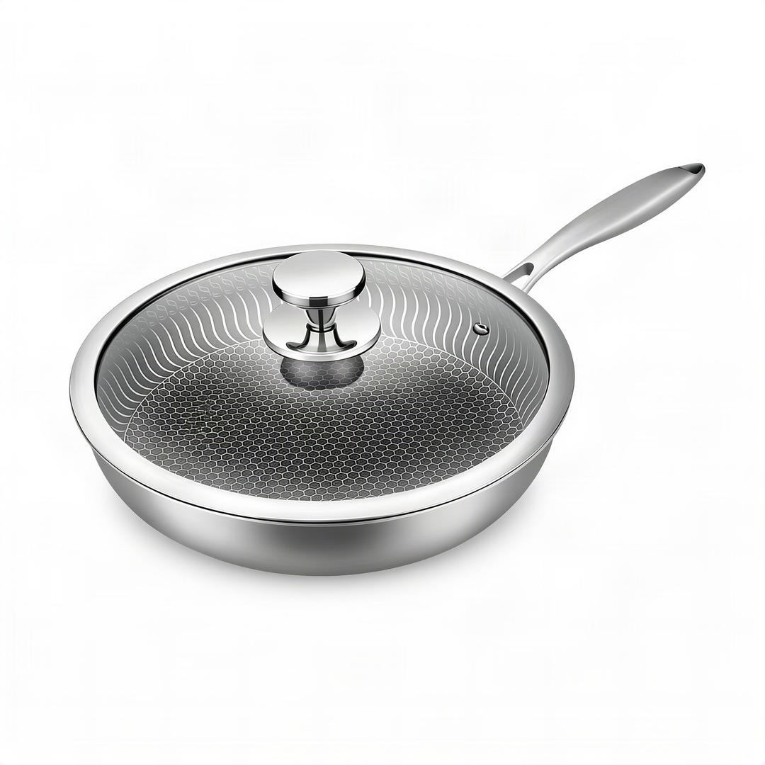 Stainless steel frying pan with glass lid