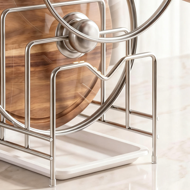 Stainless steel kitchen shelf for knives, boards, and lids