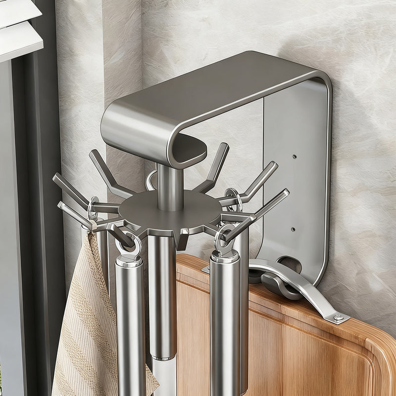 Rotatable wall hook for kitchen utensils, no drilling