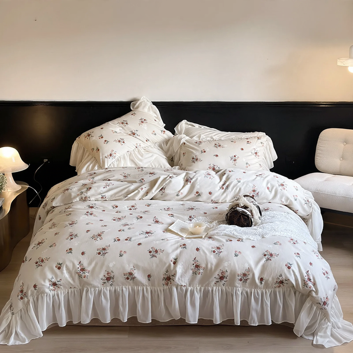 Cotton bedding set, vintage roses with lace