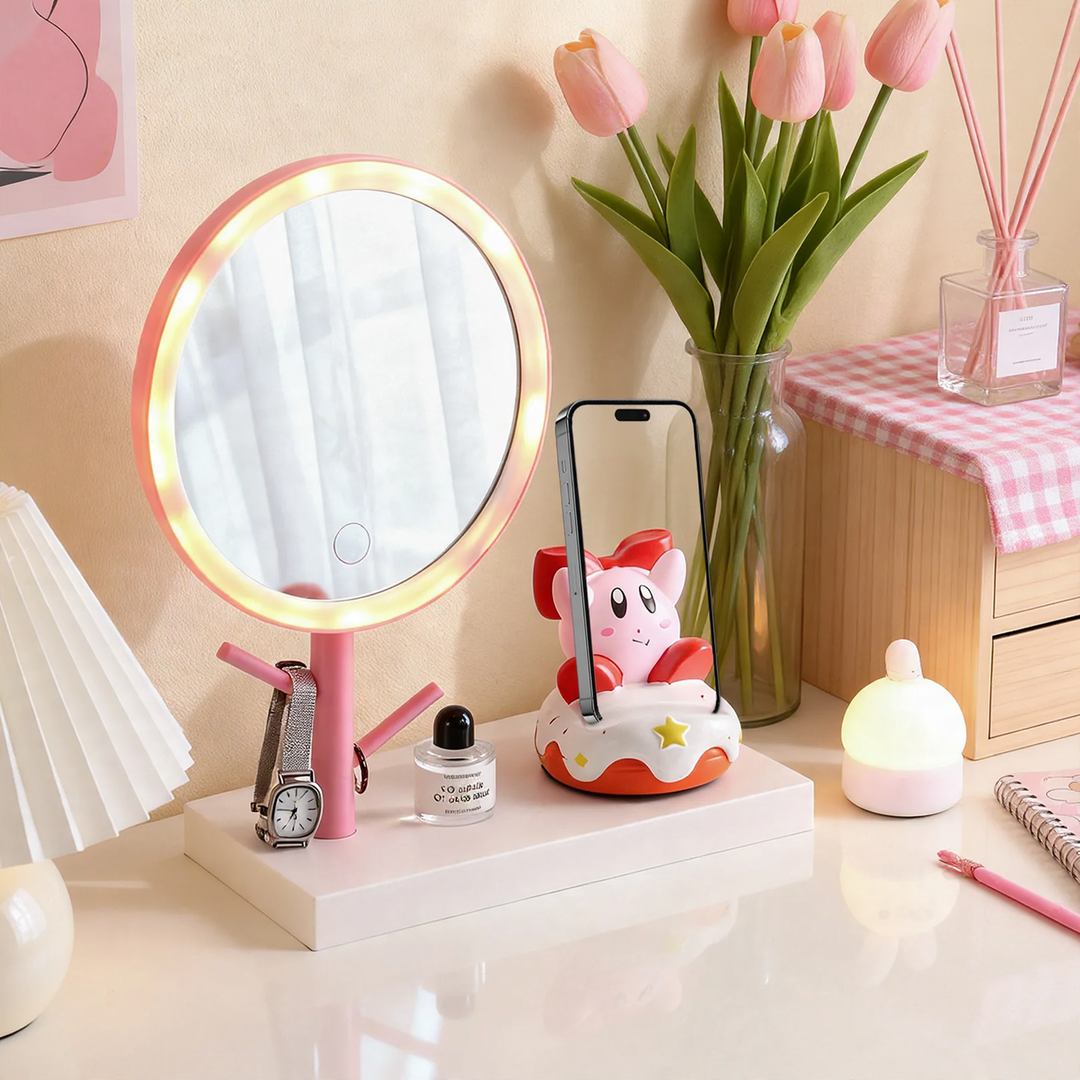 LED makeup mirror with smartphone holder