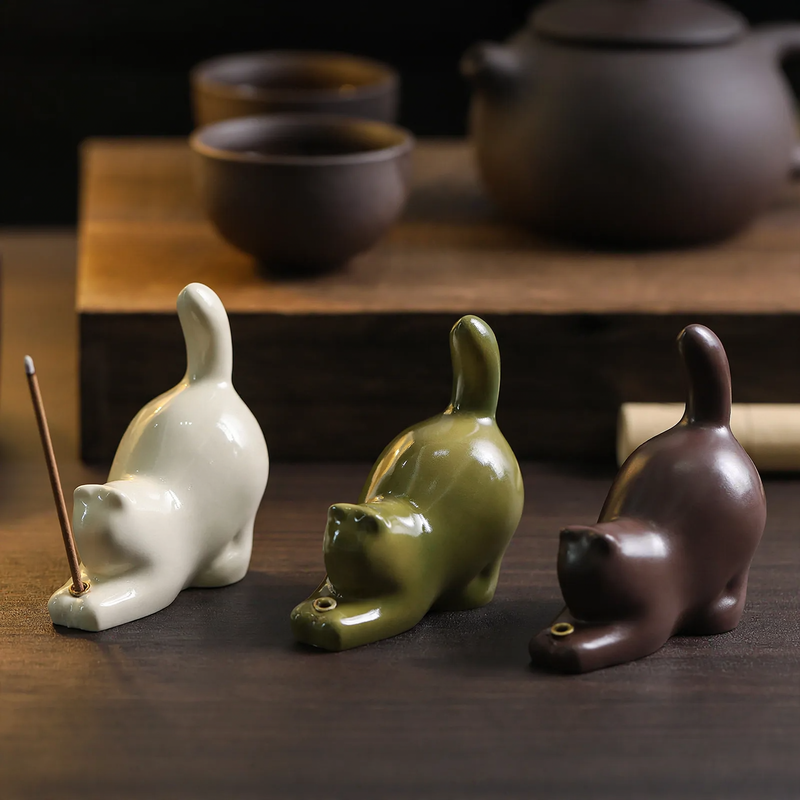 Cat incense stick holder with wooden bases