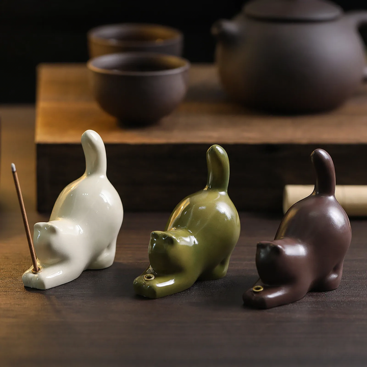 Cat incense stick holder with wooden bases