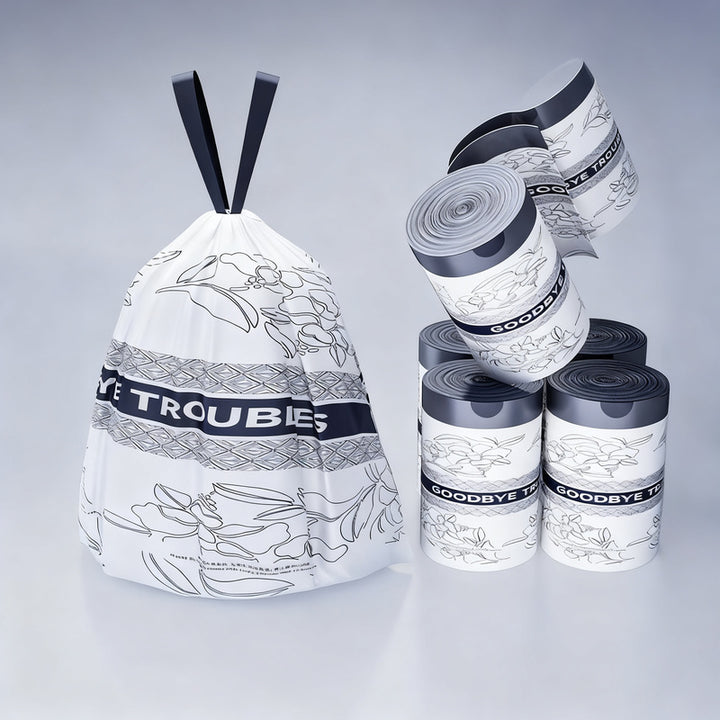 Trash bags with drawstring and handles