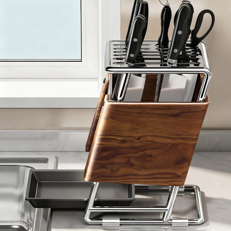 Carbon steel knife holder with cutlery compartment