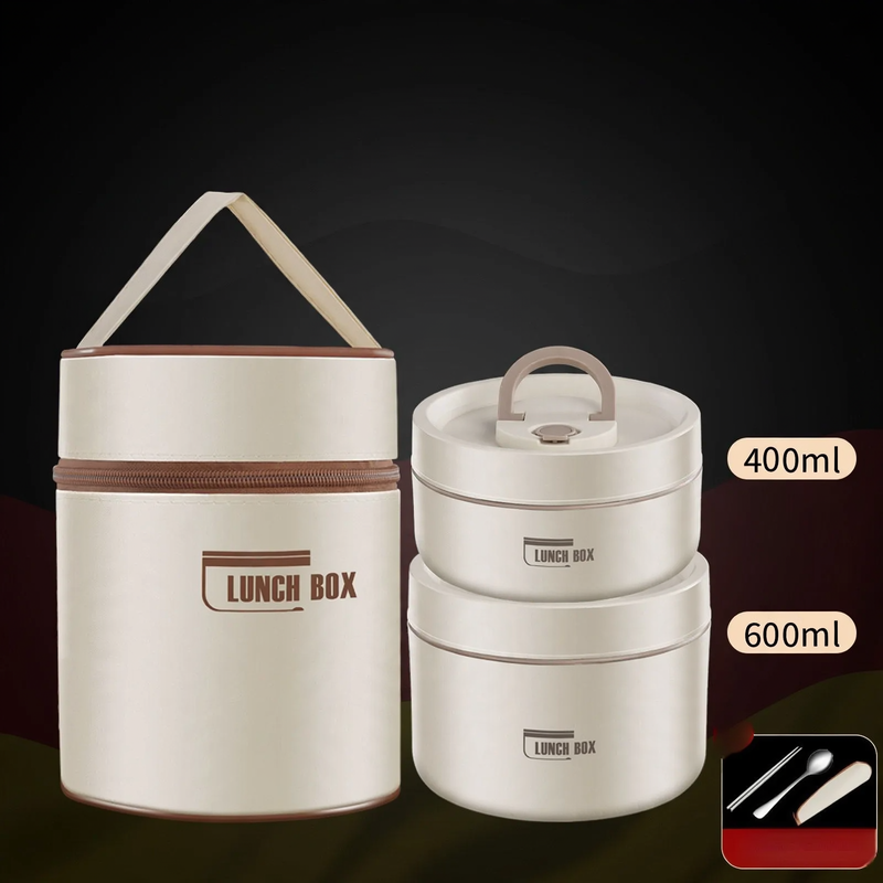 Stainless steel lunch box, round, 470–600 ml, with lid