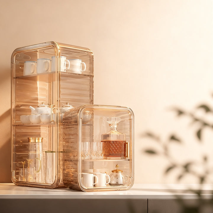 Plastic glass cabinet with doors, 2–4 tiers