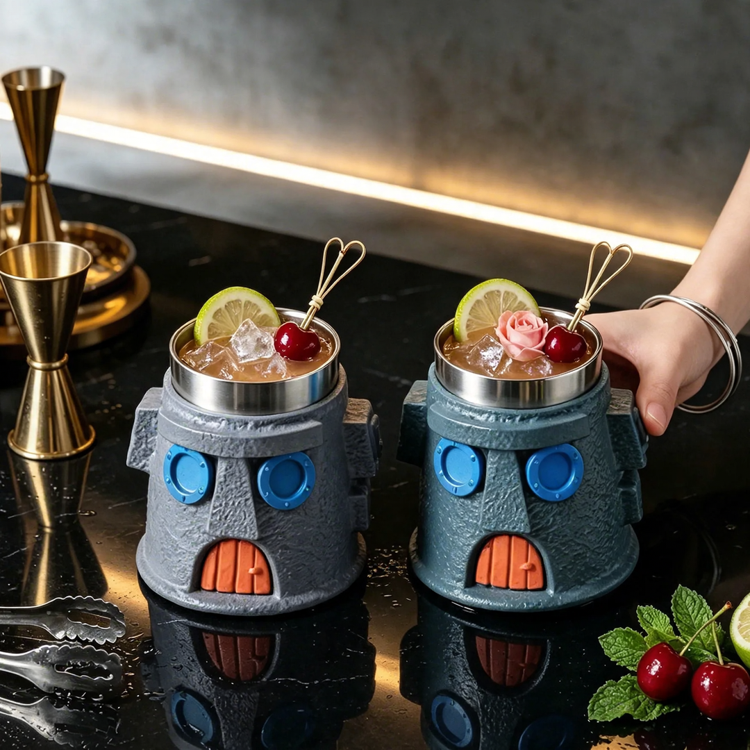 Stainless steel drinking glass with castle design