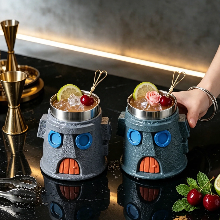 Stainless steel drinking glass with castle design