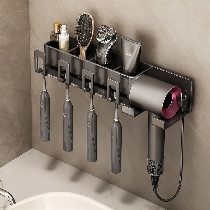 Toothbrush and hairdryer holder made of aluminum, suction cup
