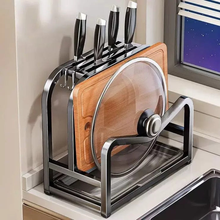 Knife block with cutting board and pot lid holder