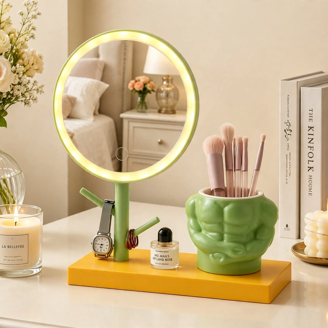 Makeup mirror with LED lighting and shelf