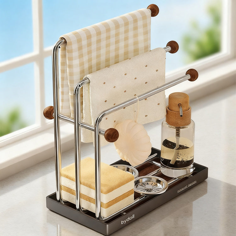 Narrow kitchen shelf for dish towels, stainless steel