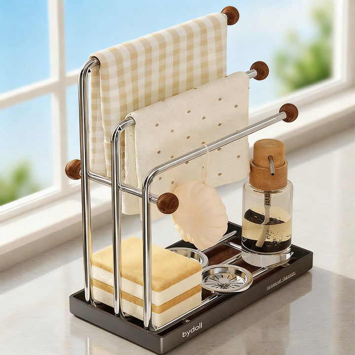 Narrow kitchen shelf for dish towels, stainless steel