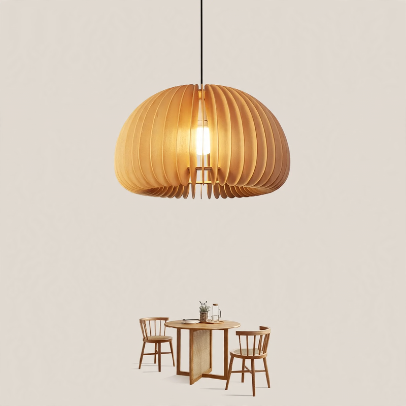 Wooden hanging lamp with LED, height adjustable