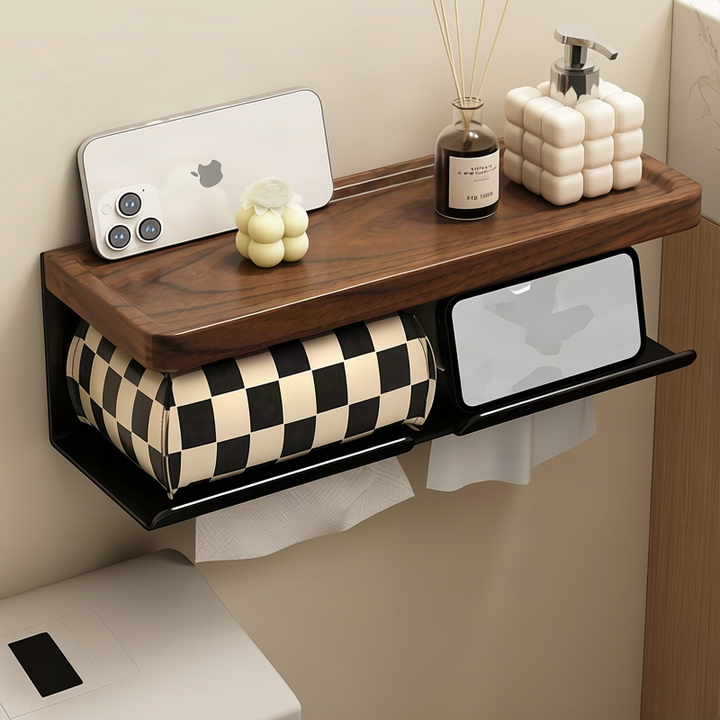 Wall mount for toilet paper, walnut wood design
