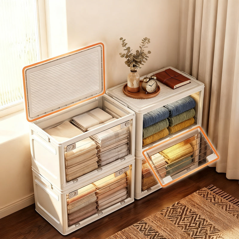 Transparent collapsible storage box with lid
