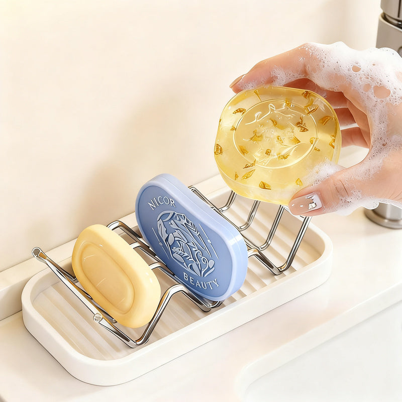 Soap dish made of stainless steel with shelf