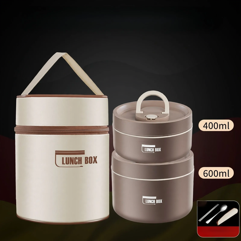 Stainless steel lunch box, round, 470–600 ml, with lid