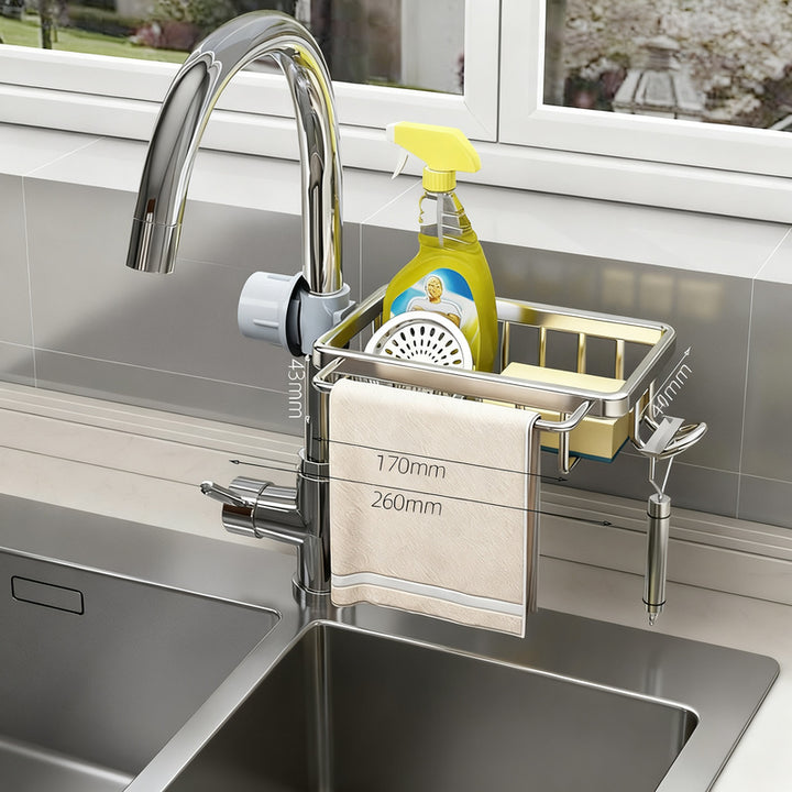 Aluminum storage basket for faucet and sink