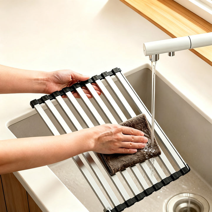 Stainless steel sink rack with rolling grid
