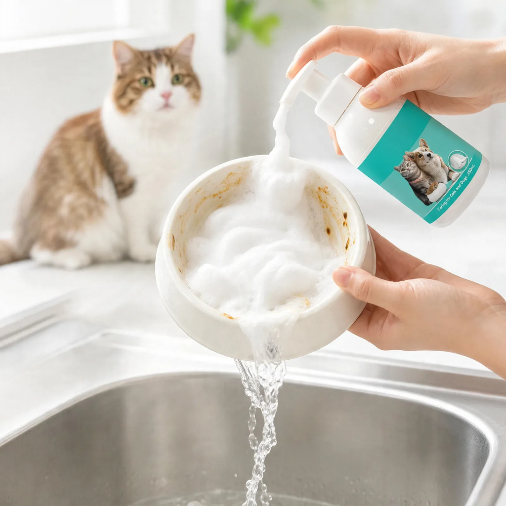 Special cleaning foam for pet feeding bowls
