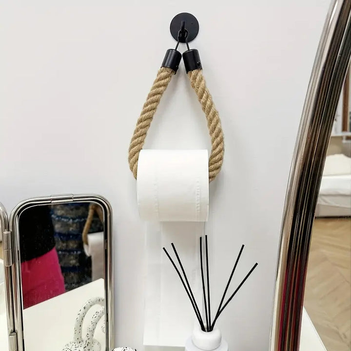 Toilet paper holder with rope and metal hook