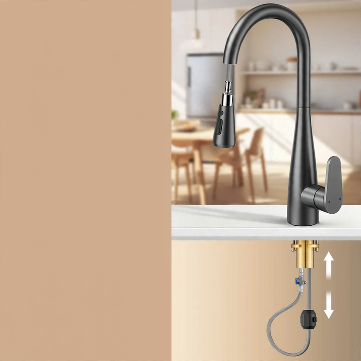 Kitchen faucet with retractable spout, cold and hot water