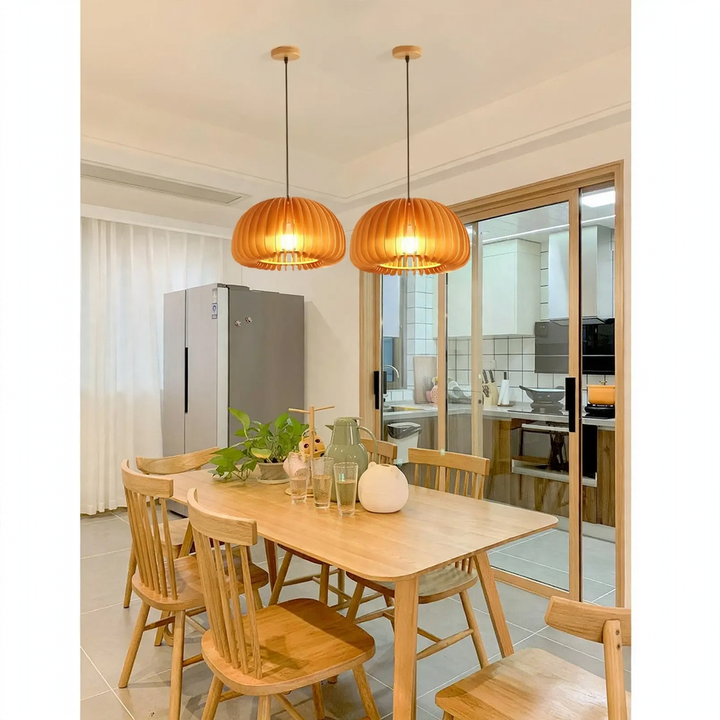 Wooden hanging lamp with LED, height adjustable