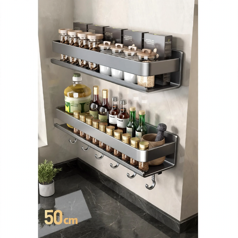 Wall-mounted kitchen shelf made of steel, no drilling