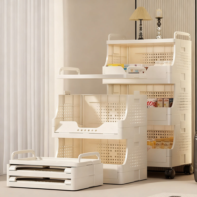 Plastic shelf cart with wheels, multi-layered