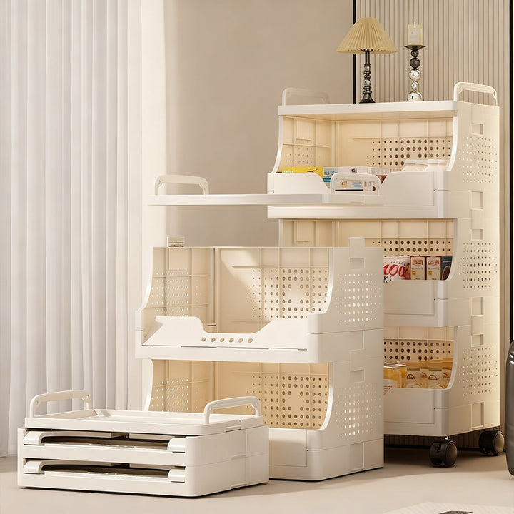 Plastic shelf cart with wheels, multi-layered
