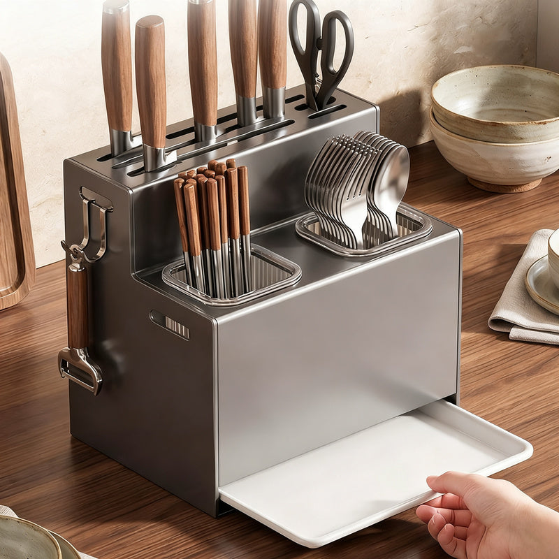 Knife and cutlery rack made of carbon steel for the countertop