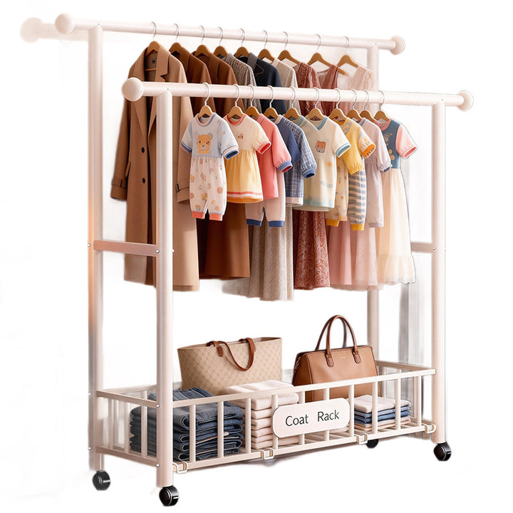Double rod laundry rack, mobile, with net compartment