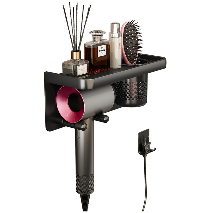 Hairdryer wall holder with toothbrush shelf