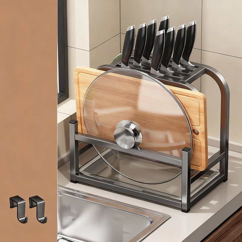 Knife block with cutting board and pot lid holder