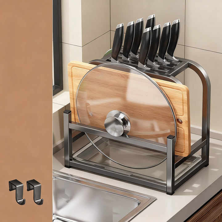 Knife block with cutting board and pot lid holder