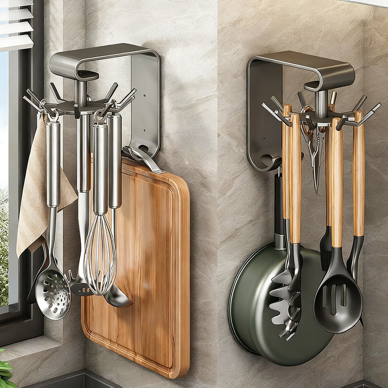 Rotatable wall hook for kitchen utensils, no drilling