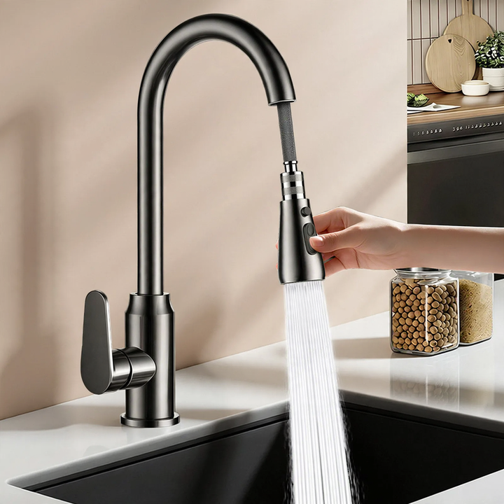 Kitchen faucet with retractable spout, cold and hot water